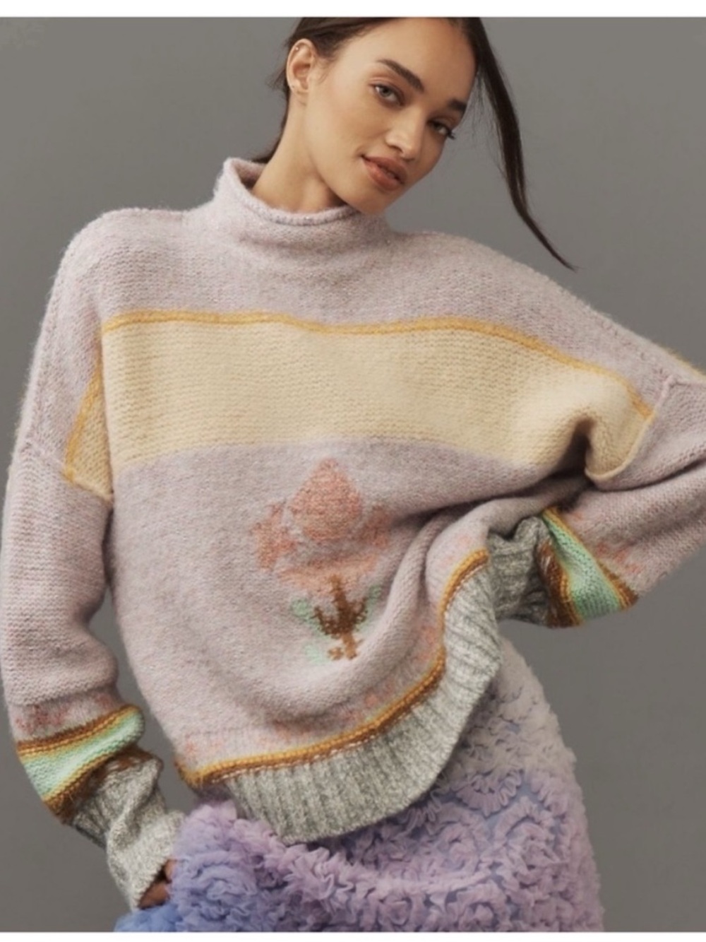 NWT Anthropologie Pilcro Mock-Neck Flower Motif Cozy Warm Sweater, M